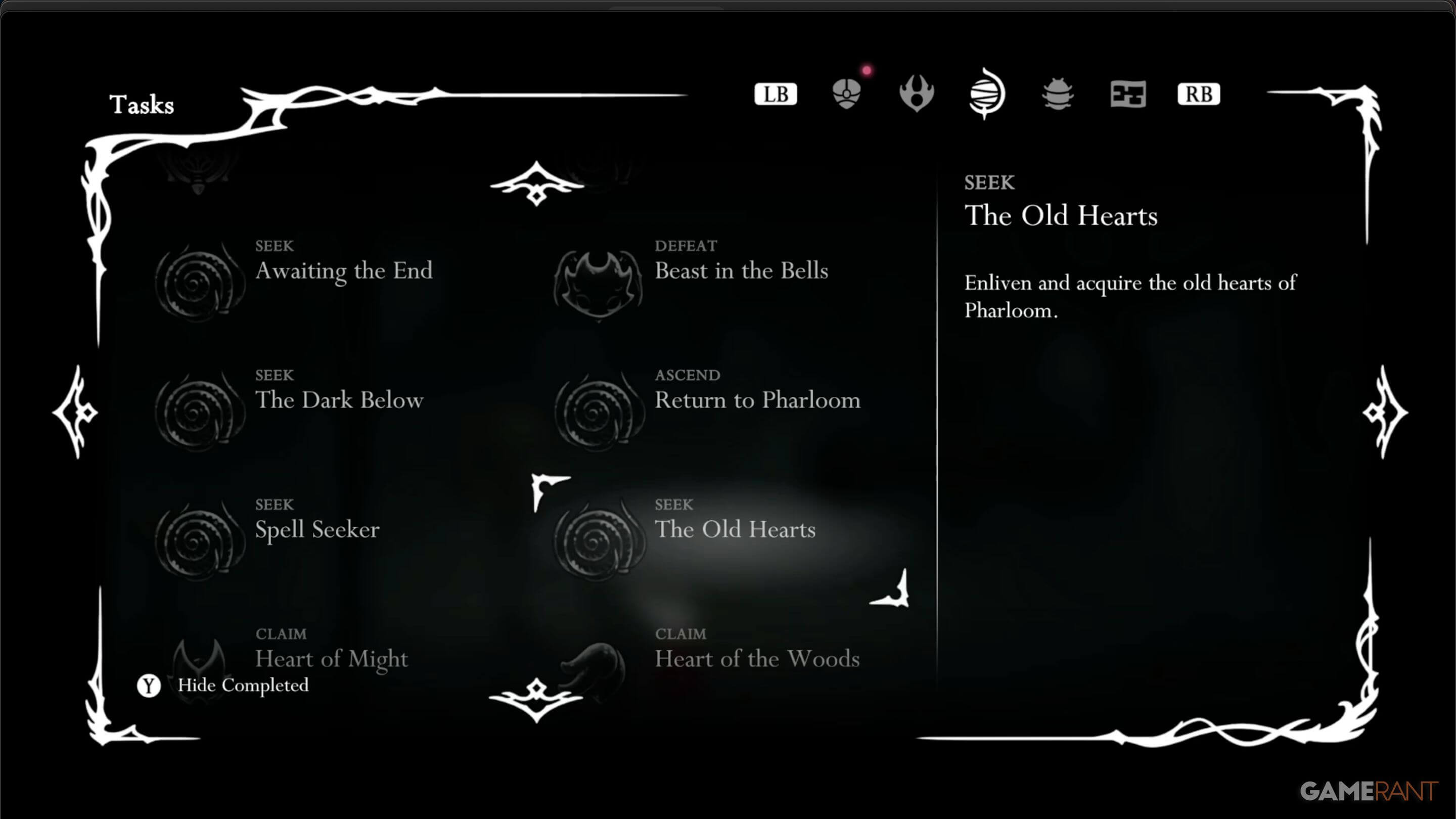 Old Hearts quest completion screen showing heart collection for Encrusted Heart path