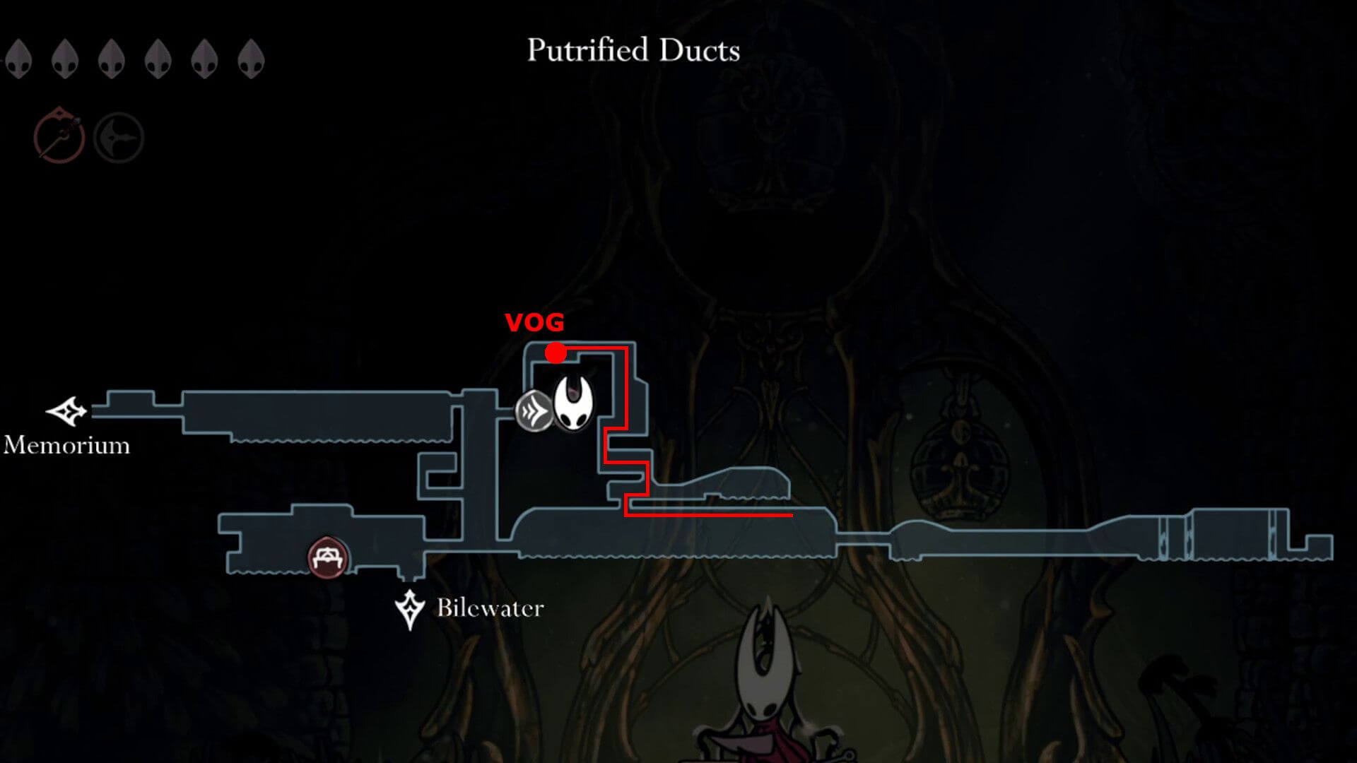 Step-by-step path to Vog merchant in Putrified Ducts - navigate spikes and Barnaks to reach hidden NPC